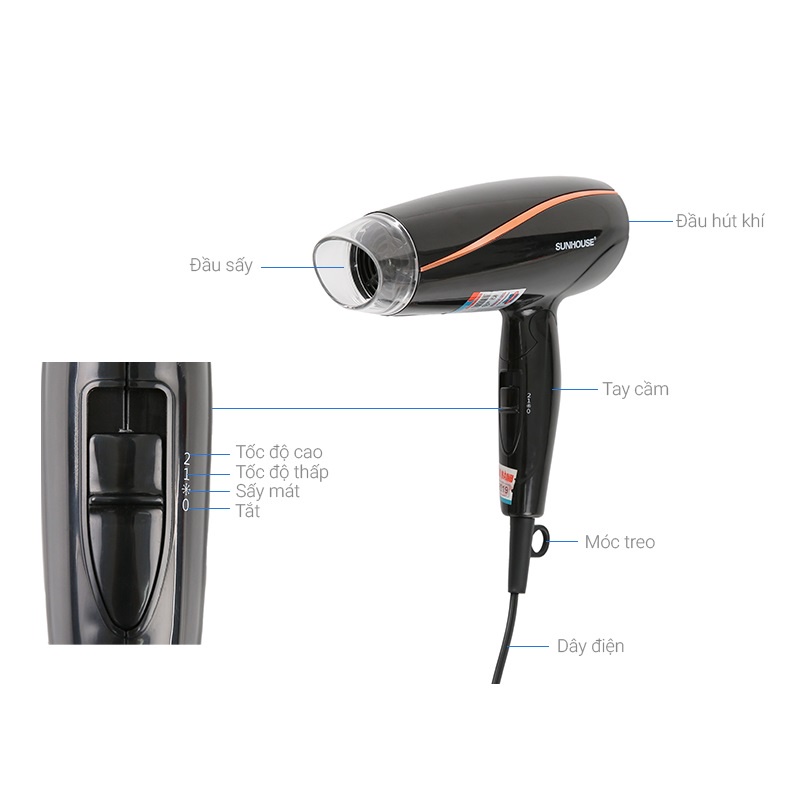 Máy Sấy Tóc Mini  SUNHOUSE SHD2306 - 2 Chiều Nóng Lạnh - Máy Sấy Tóc Sunhouse - Công Suất 1200W - Chính Hãng