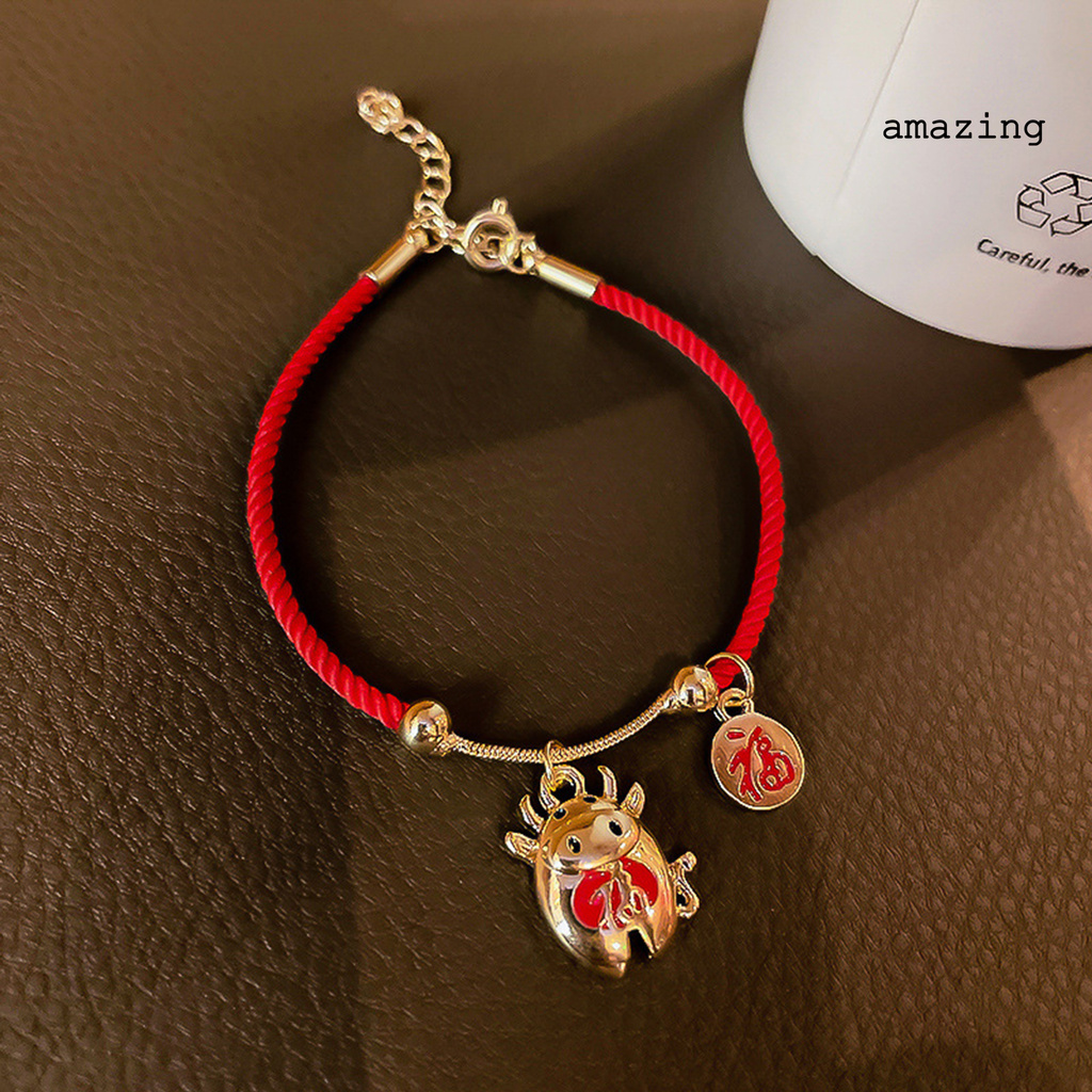 [AM] Braided Bracelet Chinese Zodiac Lucky Symbol Alloy Adjustable Charm Ox Bangle for Spring Festival