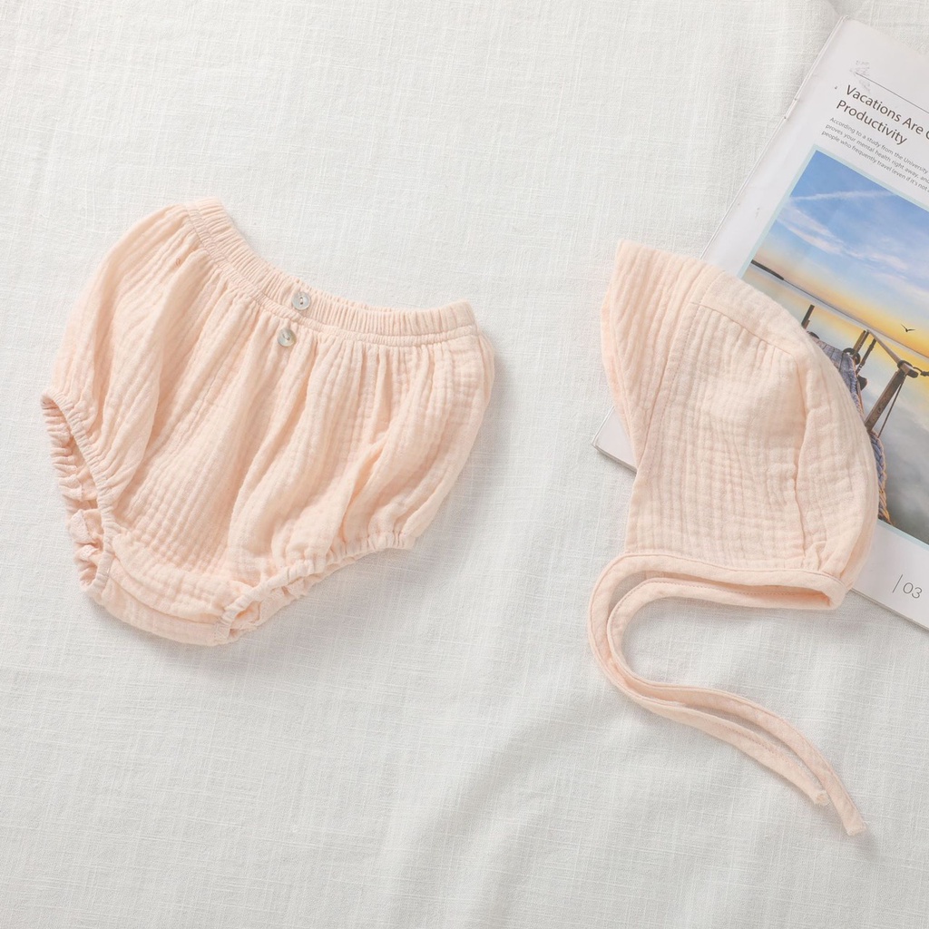 Set 3 chi tiết áo trắng cổ bèo kèm quần bí ngô chất liệu xô đũi muslin cho bé gái kute đáng yêu