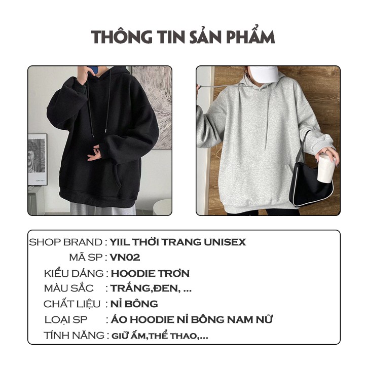 Áo hoodie đen trắng trơn nam nữ form rộng hàn quốc unisex dài tay basic Áo hoodie nỉ bông đen trắng YiiL HD07 | BigBuy360 - bigbuy360.vn