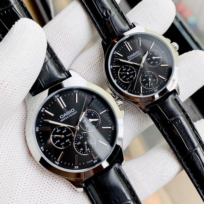 Đồng hồ Đôi nam nữ Casio MTP/LTP V300L-1A, đồng hồ chính hãng, dây da đen mặt 6 kim