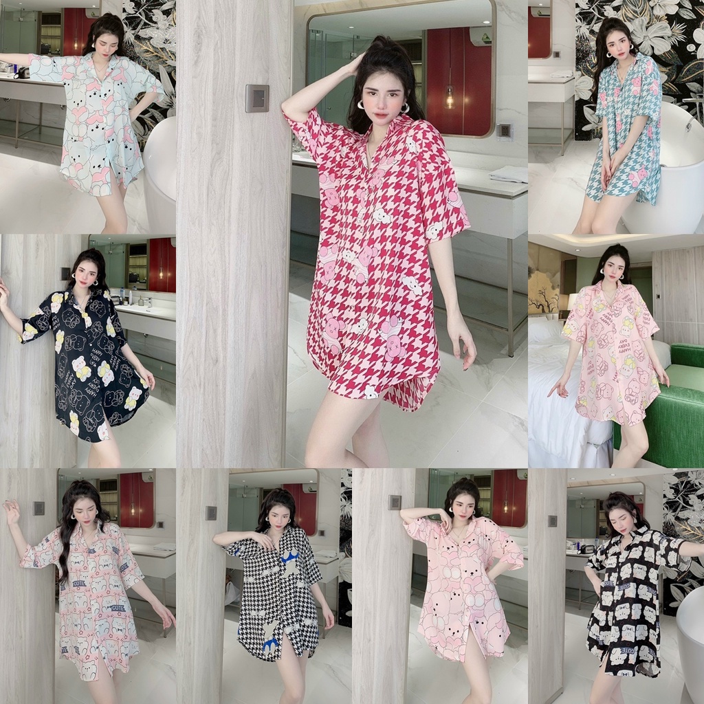 Váy ngủ sơmi dài lụa Mango mềm mịn - Đầm ngủ nữ sơ mi