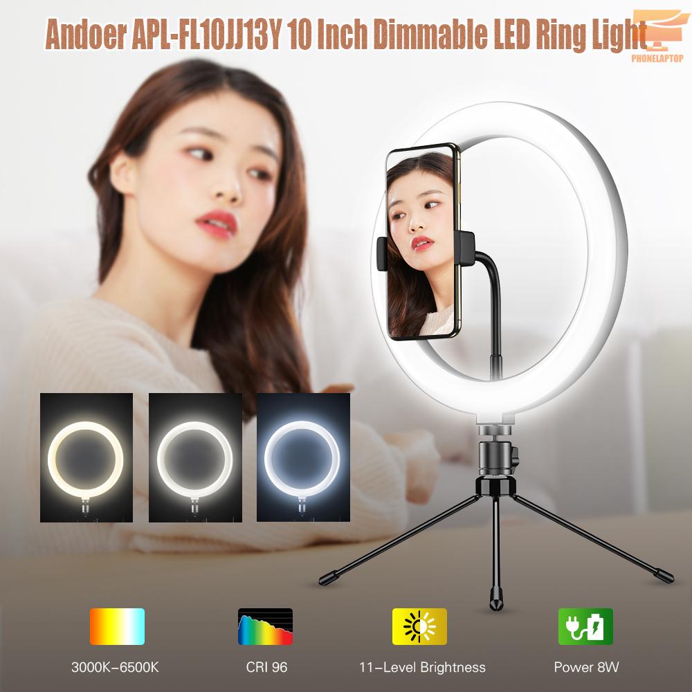 Andoer APL-FL10JJ13Y 10 Inch Dimmable LED Selfie Ring Video Light 3000K-6500K LED Circle Light CRI 96 with Tabletop Tripod 3 Light Modes for Vlogging/ Live Streaming