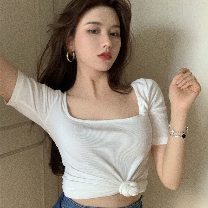 Áo Thun Tay Ngắn Cổ Vuông Hở Xương Quai Xanh Đơn Giản Thời Trang Xuân Hè Hàng Mới Dành Cho Bạn Nữ 2022