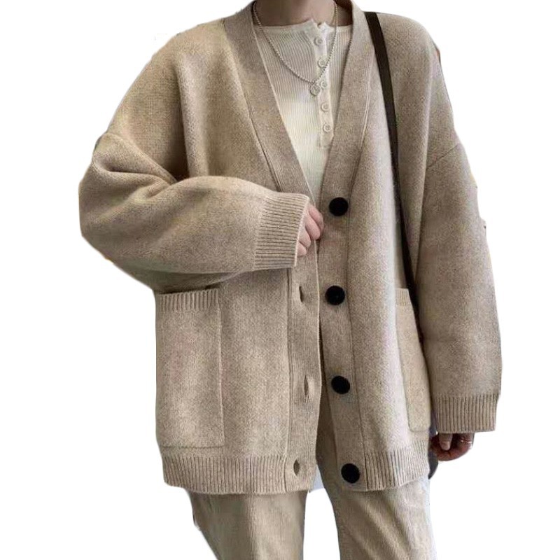Áo Khoác Cardigan Dệt Kim Form Rộng Màu Trơn Xinh Xắn Dễ Thương Cho Nữ