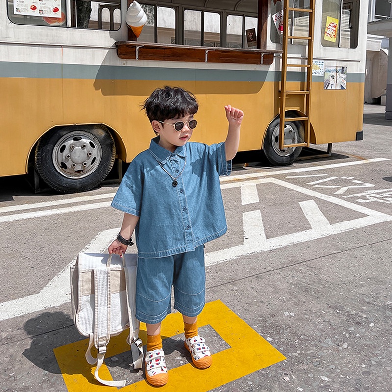 Set sơ mi bò giấy ngắn tay phong cách Hàn quốc có size đại cho bé trai 20-48kg, bộ quần áo Beekids Memory