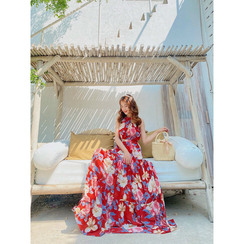 Maxi 2 dây yếm hoa xếp tầng phối eo bo chun siêu sang nun nha | BigBuy360 - bigbuy360.vn