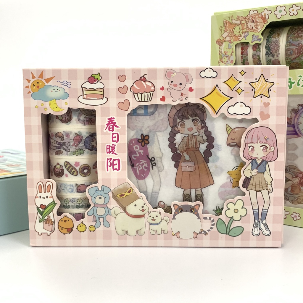Hộp combo Sticker kèm Washi tape WS06 - Nhãn dán phong cách dễ thương trang trí sổ