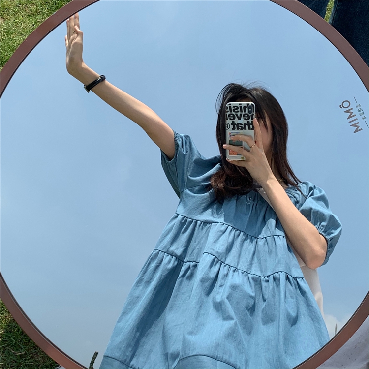  temperament over loose Pleated photo price Dress all Real Korean neck ~ square real skirt denim version | BigBuy360 - bigbuy360.vn