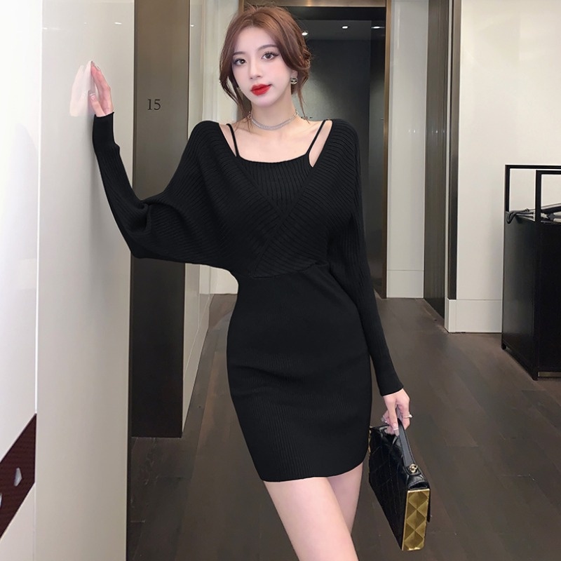 ZHELIHANGFEI Đầm Nữ Giả Hai Lớp Tay Dài Thời Trang Quyến Rũ