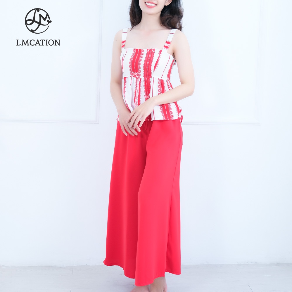 Đồ Bộ Mặc Nhà LMcation - Áo dây Clara màu sọc nơ đỏ & Quần váy dài Mila màu đỏ