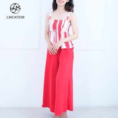 (Mua 1 tặng 1) Đồ Bộ Mặc Nhà LMcation - Áo dây Clara màu sọc nơ đỏ & Quần váy dài Mila màu đỏ