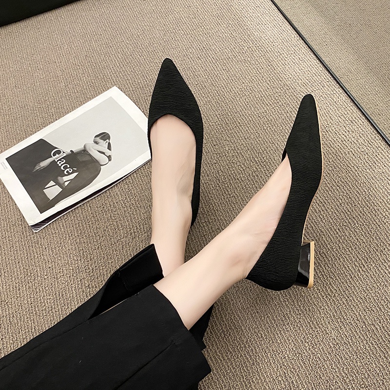 Giày Búp Bê Đế Bằng Mũi Nhọn Màu Đen Thời Trang Cho Nữ