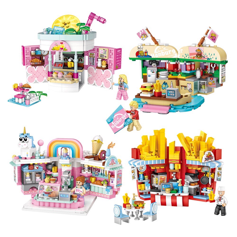 Bộ đồ chơi lắp ráp Building blocks mô hình cửa hàng tiệm lợi 1730-1732,1666-1669