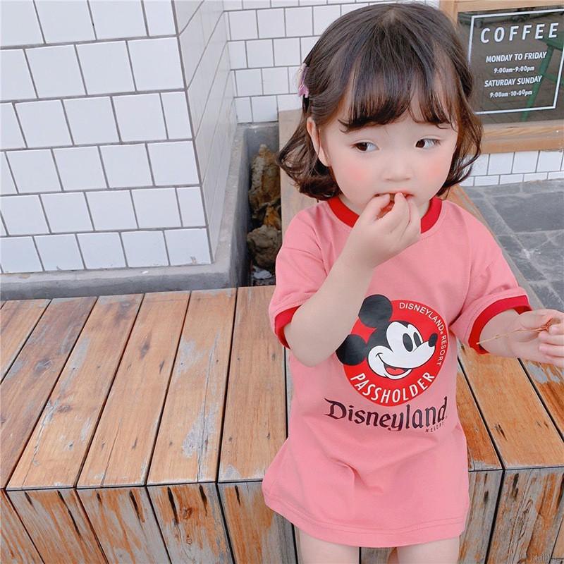 Đầm thun tay ngắn in họa tiết hoạt hình dễ thương phong cách Hàn Quốc thời trang mùa hè cho bé gái