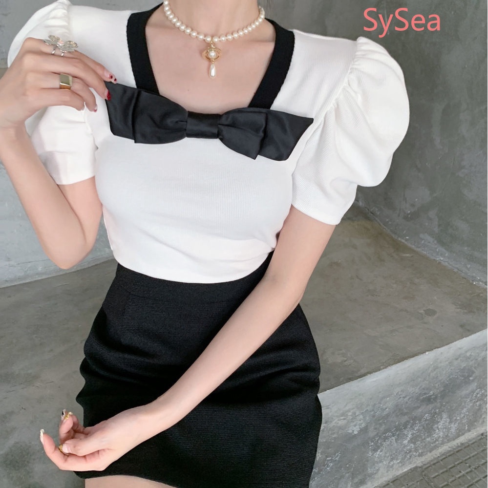 Áo Kiểu Cổ Vuông Đính Nơ Màu Sắc Tương Phản Thời Trang Mùa Hè Cho Nữ