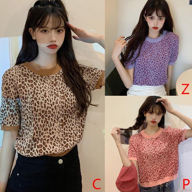 Áo Croptop Tay Ngắn Hoạ Tiết Da Báo Phong Cách Hàn Quốc