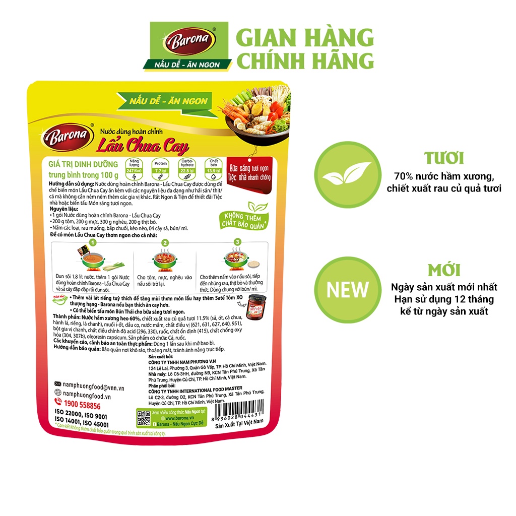 Nước Dùng Lẩu Chua Cay Barona 180g tươi ngon chuẩn vị không cần nêm nếm