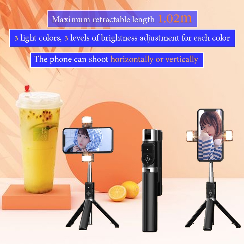 1 Meter High 3 Light Colors Protable 360 Degrees Rotation Selfie Stick With Bluetooth Wireless Remote Control And Detachable Removeable Rechargeable Fill Light For Travel