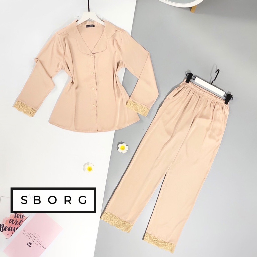 Đồ bộ mặc nhà SBORG bộ pijama tay dài lụa latin phối ren dễ thương quần dài có túi sâu freesize dưới 55kg quà tặng vợ