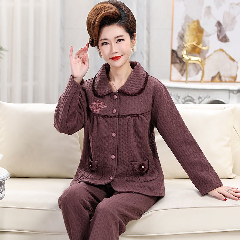 Mùa thu và đông mỏng mặc nhà cho mẹ trung niên đồ ngủ phụ nữ cotton tinh khiết xen kẽ dày dài tay phù hợp với người già