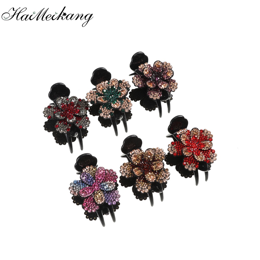 Haimeikang Kẹp tóc kiểu cổ điển đôi hoa Rhinestone Kẹp tóc đuôi ngựa