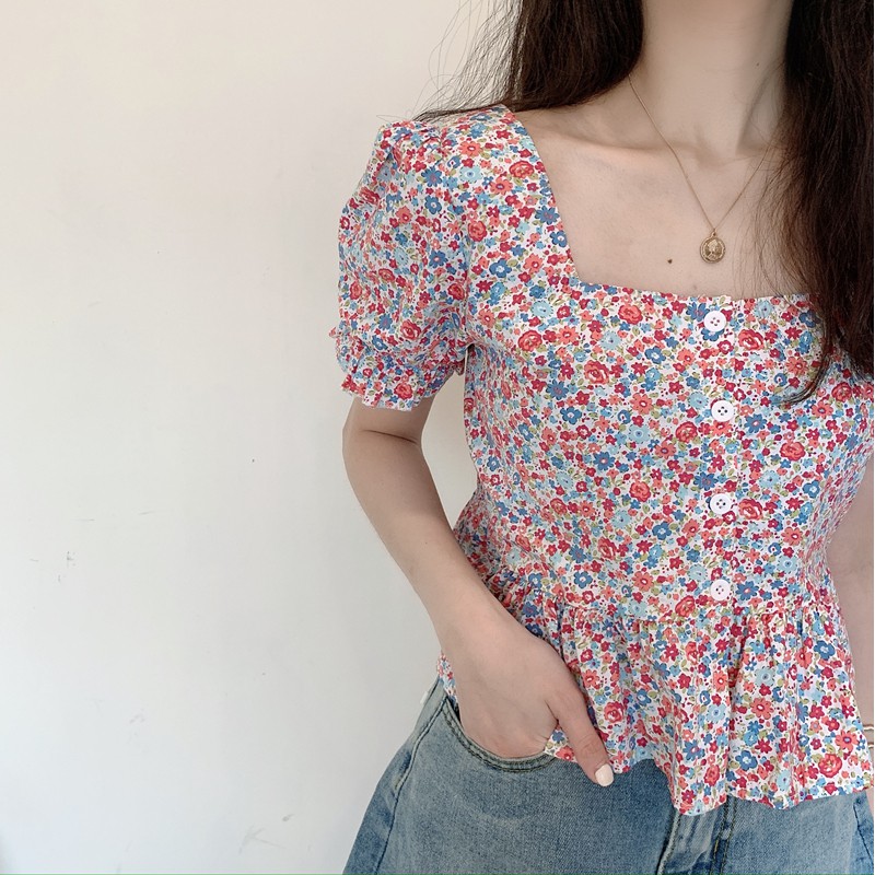 Xiaozhainv Áo nữ tay ngắn in hoa phong cách Hàn Quốc | BigBuy360 - bigbuy360.vn