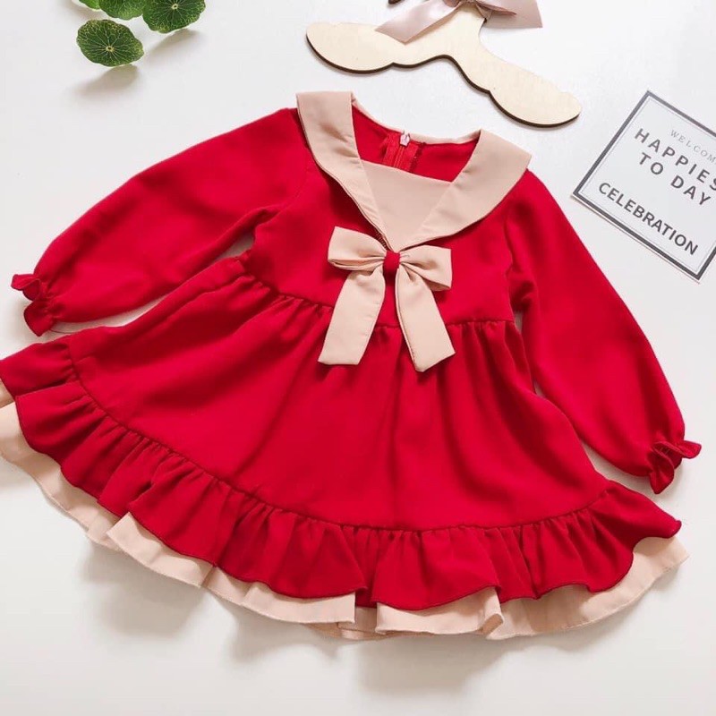 Đầm đỏ phối be cho bé