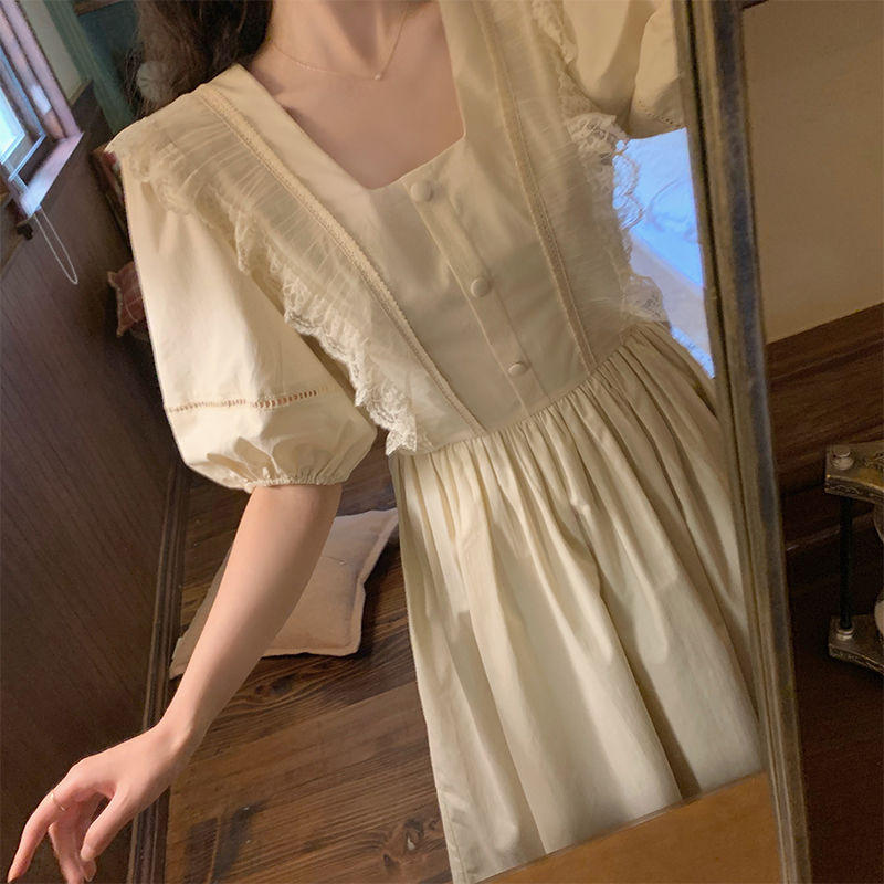 2020Summer New French Style Vintage Court Style Square Collar Dress Women's Bubble Sleeve Fairy First Love White Dress