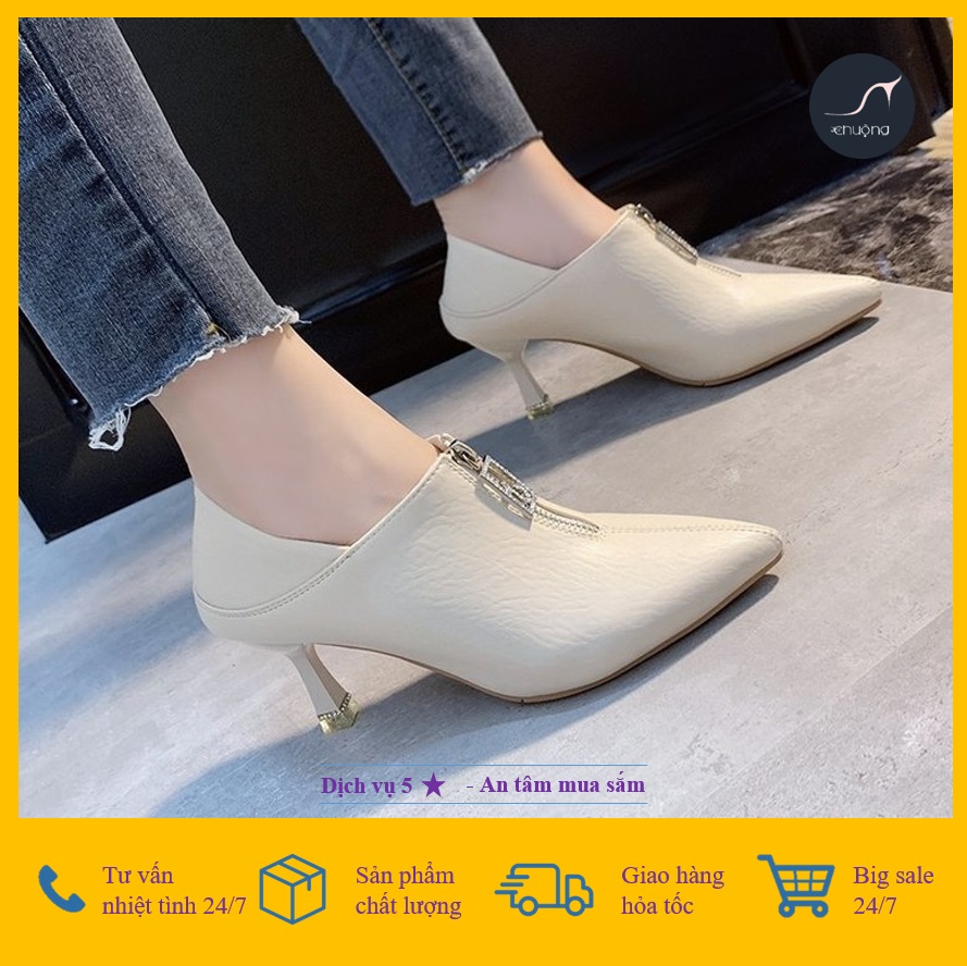 [Giá hủy diệt] [Ảnh thật] Giày Bốt Nữ Boot Khóa TIKTOK Bóng Lì Gót Nhọn  Xoàn Giữa 2 Màu Đen - Kem 7cm