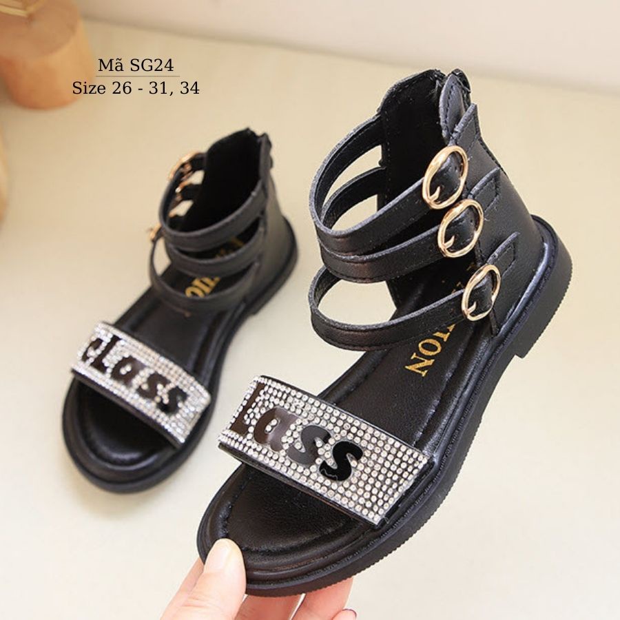 Sandal bé gái cổ cao chiến binh quai ngang đính đá khóa kéo phong cách Hàn Quốc cho bé 3 - 8 tuổi đi học, biểu diễn SG24