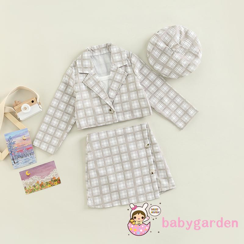 Bộ Trang Phục 4 Món Áo Khoác Tay Dài + Chân Váy + Mũ Beret Họa Tiết Kẻ Sọc Thời Trang Mùa Thu Cho Bé Gái 3-7 Tuổi