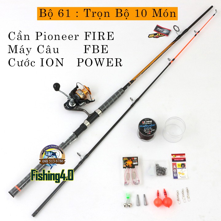 Bộ Cần Câu Máy 2 Khúc Pioneer Fire + Máy Full Kim Loại FBE + 8 Món Phụ Kiện Chuyên Câu Sông Hồ [ Bộ 61 ] [Fishing 4.0]