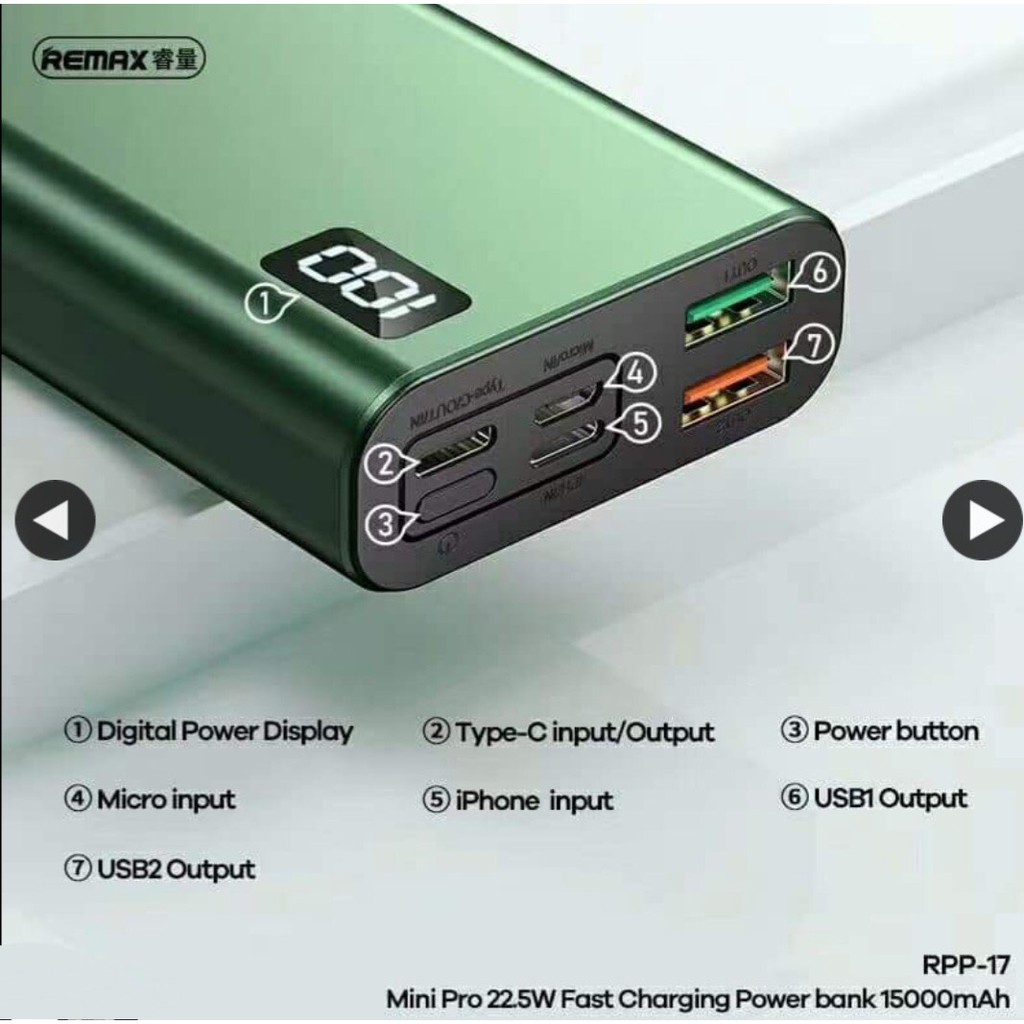 Pin dự phòng Remax RPP-17 dung lượng 15.000mAh hỗ trợ 3 cổng vào lightning micro và type-C