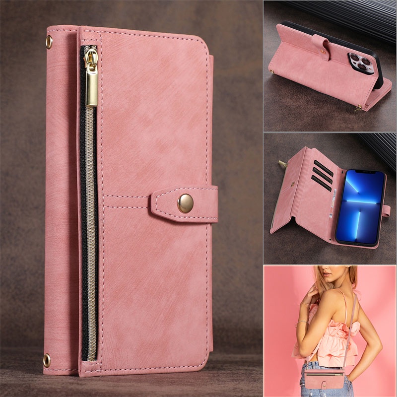 Bao Da Điện Thoại Nắp Lật Kèm Ngăn Đựng Thẻ Có Khóa Kéo Và Dây Đeo Cho Xiaomi 11T POCO X3 NFC 12T Redmi Note 11 10 Pro Max 10S 11S Giá Đỡ