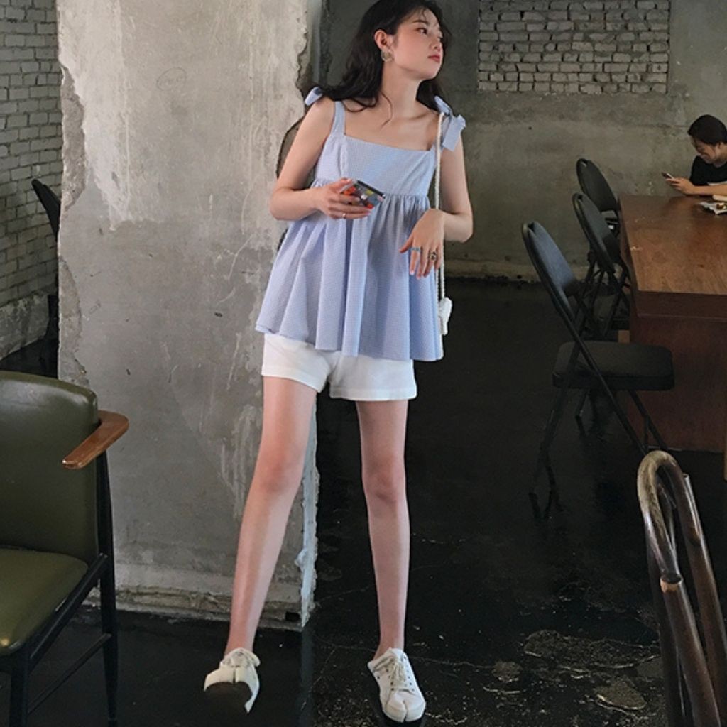 Set áo babydoll hai dây thắt nơ kẻ xanh và quần short / Set đồ ulzzang xinh freesize - Có ảnh feedback