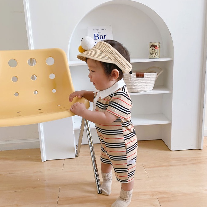 Áo liền quần ngắn tay họa tiết kẻ sọc thời trang mùa hè xinh xắn cho bé trai từ 0-24 tháng tuổi