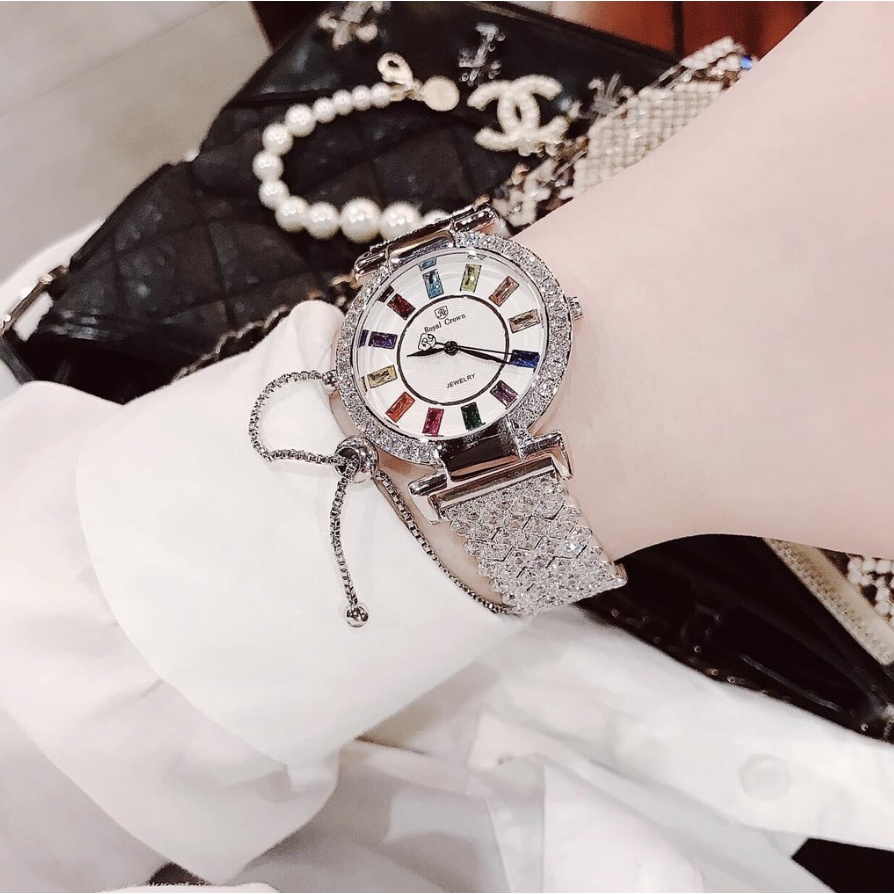 Đồng hồ nữ dây kim loại, đồng hồ đeo tay đính kim cương nhân tạo ROYAL CROWN cao cấp, siêu sang chảnh