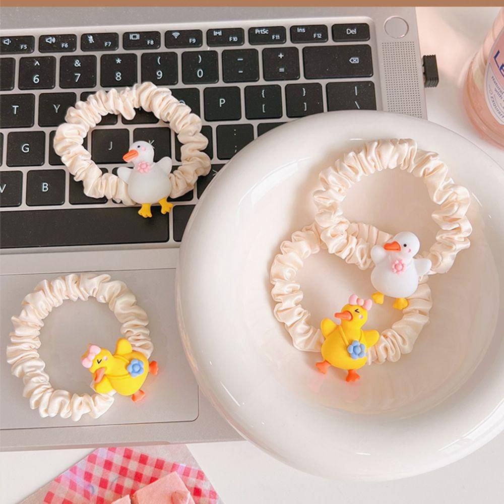 QQMALL Dây Buộc Tóc Vải Satin Resin In Hình Vịt Dễ Thương Phong Cách Hàn Quốc