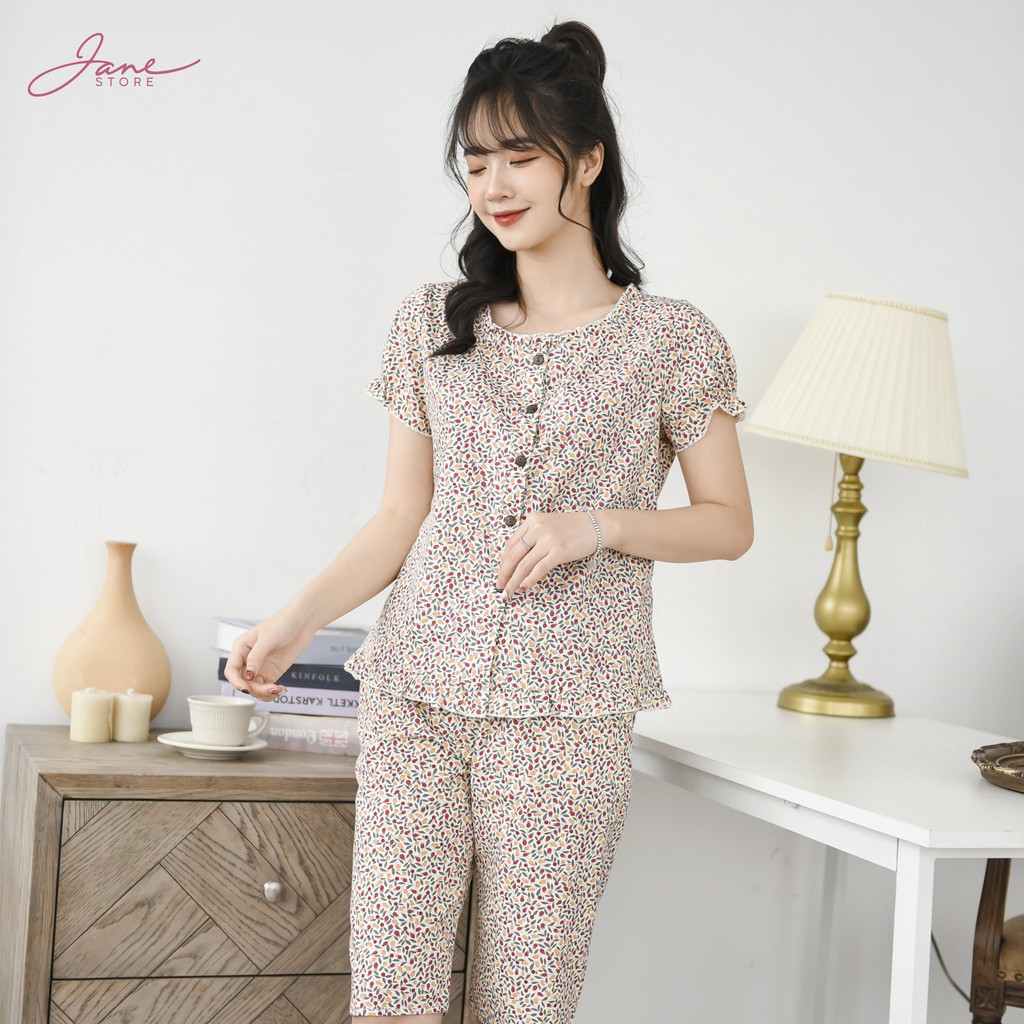 Đồ bộ mặc nhà áo cộc quần lửng Set đồ ngủ nữ màu xám hoa nhí Jane mã LT02