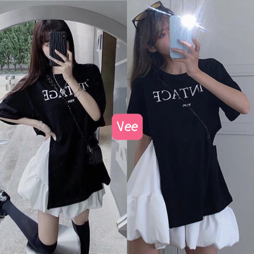 Set áo chân váy vintage dáng xòe phối áo thun xẻ tà phom rộng unisex/ Set đồ nữ phong cách hàn quốc_veestore