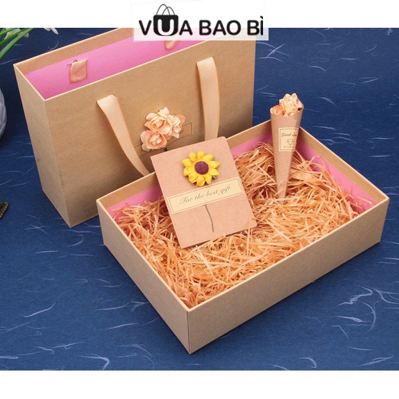 Hộp quà 20/10 kraft kiểu túi xách kèm rơm lót và thiệp vintage - Hộp quà sinh nhật-Vua Bao Bì, kỷ niệm