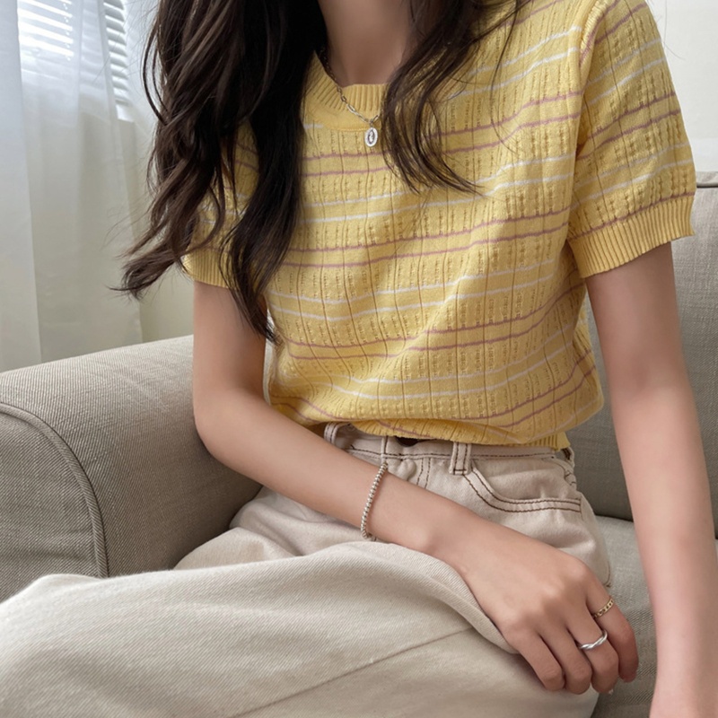 Áo Thun Dệt Kim Tay Ngắn Cổ Tròn Họa Tiết Kẻ Sọc Màu Sắc Tương Phản Thời Trang Cho Nữ