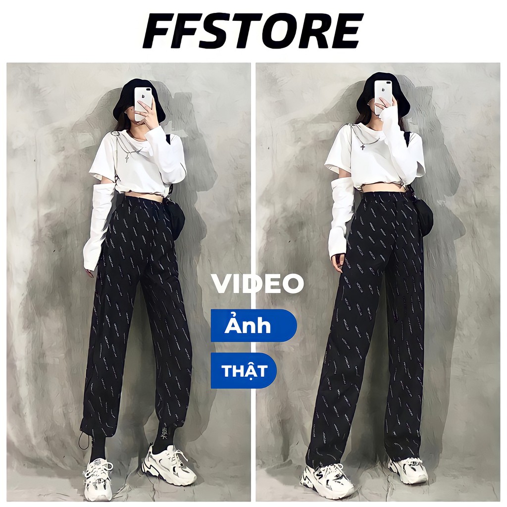 Quần jogger nam nữ in chữ ống rộng vải thun cotton thể thao 4 chiều quần ống suông có dây rút FFSTORE