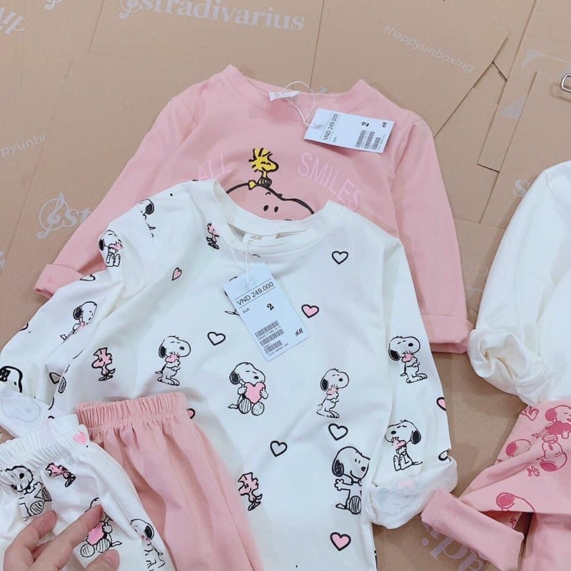 Set 2 bộ HM cotton dài tay thu đông xuất xịn bé gái Snoopy