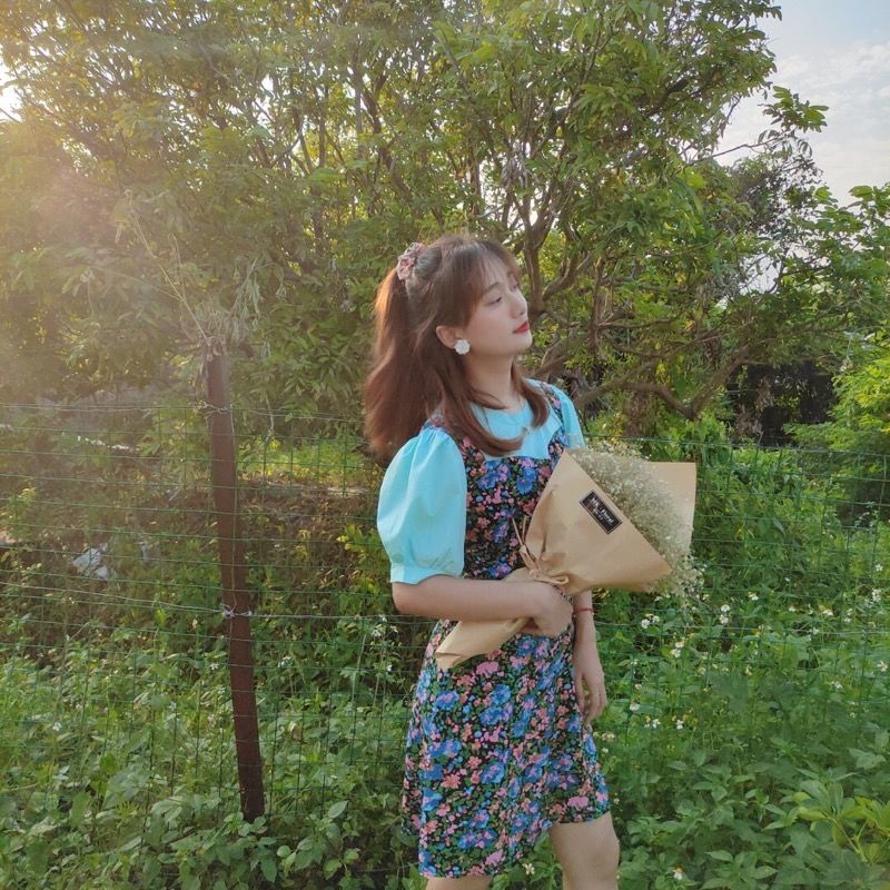 One Piece Summer Women Short Sleeve Blue Floral Midi Dress