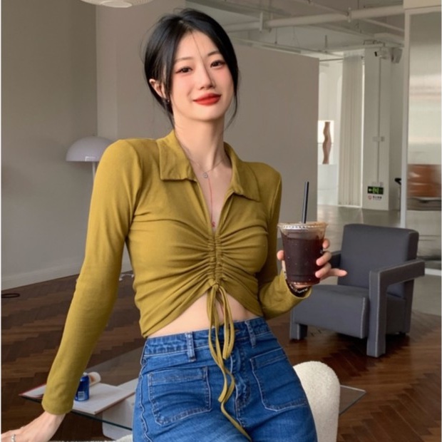 QADCOL Áo lửng tròng đầu tay dài dáng ôm phối dây rút hợp thời trang