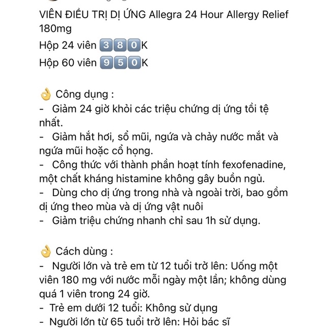 Allegra 24 Hour Allergy 180mg 90viên/ 60viên