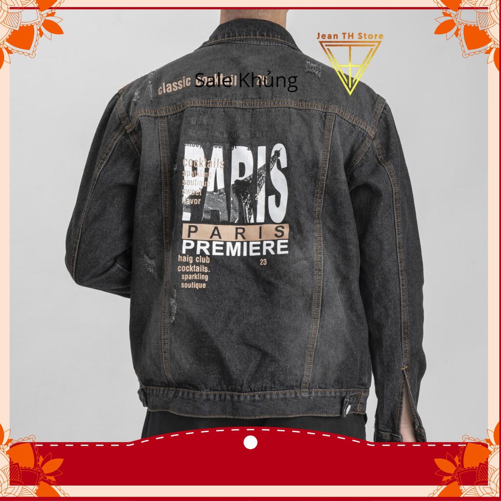 Áo khoác jean nam xám cúc trắng in chữ paris, áo khoác bò nam cao cấp AKB35 tan.shop2