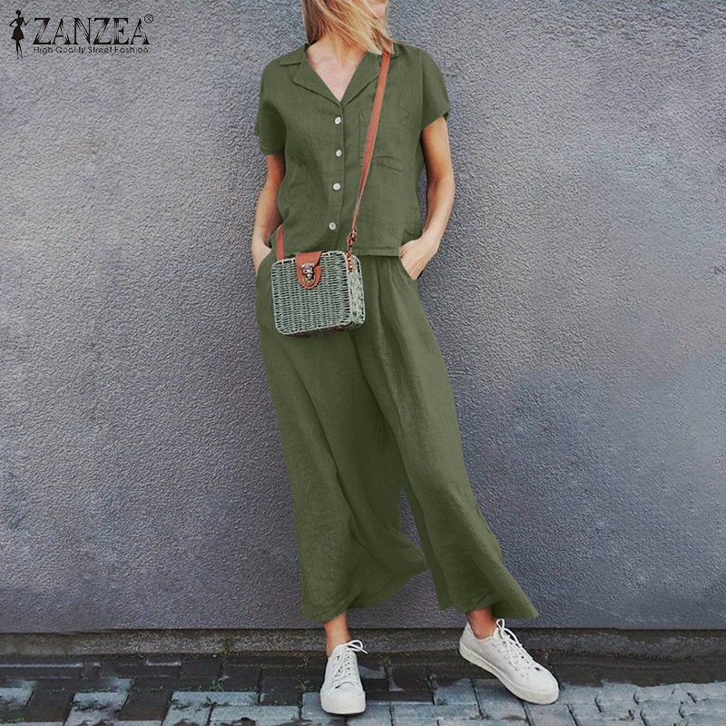 Set ZANZEA áo thun ngắn tay + quần dài ống rộng thời trang nữ
